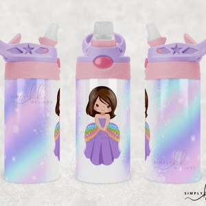 Sublimation Kid's 12 oz Flip Top Tumbler Wrap, Princess, Brown Hair, Personalize, Small Business Use, Princess101