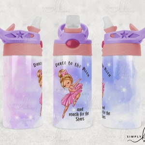 Ballerina, Dream to the Moon...Reach for the Stars, Sublimation Kid&#39;s 12 oz Flip Top Tumbler Wrap, Blonde Hair, Small Business Use, Dream140