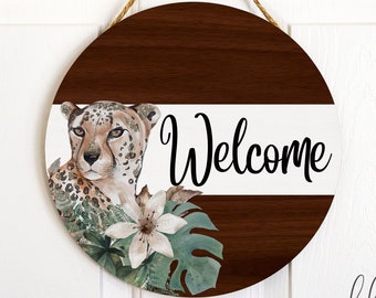 Colgador de puerta redonda de sublimación, diseño digital PNG de bienvenida de leopardo tropical para sublimación redonda circular de 12,25 en blanco