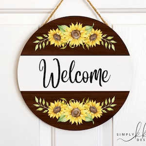Sunflower Dark Wood Welcome, Sublimation Round Door Hanger, PNG Digital Design for 12.25 Circle Round Sublimation Blank