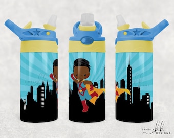 Superhéroe de piel oscura, vaso de sublimación infantil de 355 ml con tapa abatible, personalizable, para pequeñas empresas, SH130