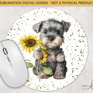 Zwergschnauzer und Sonnenblumen, rundes Mauspad, Sublimationsdesign, digitale PNG-Datei, kommerzielle Nutzung, Small Business SUN180