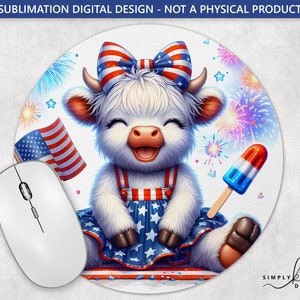 Patriotische glückliche Kuh, rundes Mauspad, Feuerwerk, 4. Juli, Sublimationsdesign, PNG digitale Datei, kommerzielle Nutzung, kleines Unternehmen COW180