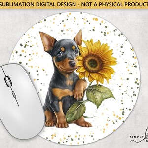 Pinscher und eine Sonnenblume, Rundes Mauspad, Sublimationsdesign, digitale PNG-Datei, kommerzielle Nutzung, Small Business SUN180