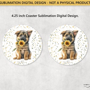 Deutscher Schäferhund mit einer Sonnenblume, runder 12 cm Untersetzer, Sublimationsdesign, digitale PNG-Datei, kommerzielle Nutzung, Small Business, SUN180