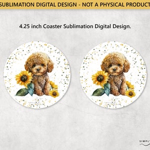 Pudel und Sonnenblumen, runder 12 cm Untersetzer, Sublimationsdesign, digitale PNG-Datei, kommerzielle Nutzung, Small Business, SUN180