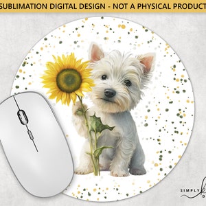 Westie Terrier hält eine Sonnenblume, rundes Mauspad, Sublimationsdesign, digitale PNG-Datei, kommerzielle Nutzung, Small Business SUN180
