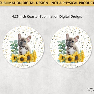 Französische Bulldogge mit einer Sonnenblume, runder 12 cm Untersetzer, Sublimationsdesign, digitale PNG-Datei, kommerzielle Nutzung, Kleinunternehmen, SUN180