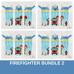 Firefighter Fire Truck Bundle, Sublimation Kid&#39;s 12 oz Flip Top Tumbler Wrap, 4 Different Firefighters, Personalize, FTBundle