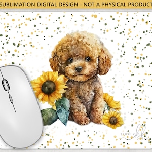 Pudel und Sonnenblumen, Rundes Mauspad, Sublimationsdesign, digitale PNG-Datei, kommerzielle Nutzung, Small Business SUN180