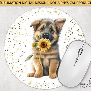 Deutscher Schäferhund mit einer Sonnenblume, rundes Mauspad, Sublimationsdesign, digitale PNG-Datei, kommerzielle Nutzung, Kleinunternehmen SUN180