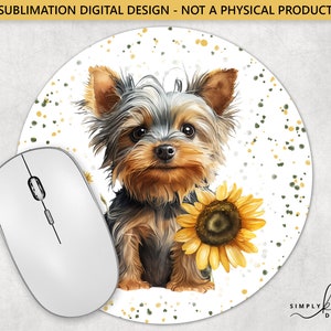 Yorkshire Terrier mit einer Sonnenblume, rundes Mauspad, Sublimationsdesign, digitale PNG-Datei, kommerzielle Nutzung, Small Business SUN180