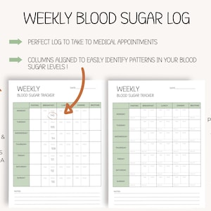 May include: A printable weekly blood sugar tracker with sections for fasting, breakfast, lunch, dinner, and bedtime. The tracker includes a notes section for additional information. The tracker is designed to help people manage their blood sugar levels.