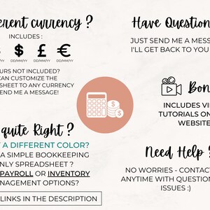 May include: A pink and white graphic with the text "Different currency?" and "Have Questions?"  The graphic includes a calculator icon, a video camera icon, and the text "Bonus!"  The graphic also includes the text "Not quite right?" and "Need Help?"
