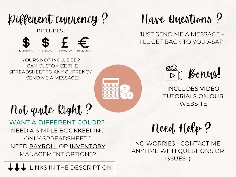 May include: A pink and white graphic with the text "Different currency?" and "Have Questions?"  The graphic includes a calculator icon, a video camera icon, and the text "Bonus!"  The graphic also includes the text "Not quite right?" and "Need Help?"