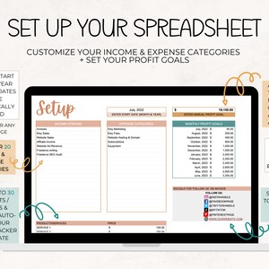 May include: A laptop screen displaying a spreadsheet template for setting up income and expense categories, profit goals, and monthly and annual goals. The spreadsheet includes sections for income streams, expense categories, and social media icons. The template is designed to help users track their finances and set financial goals.