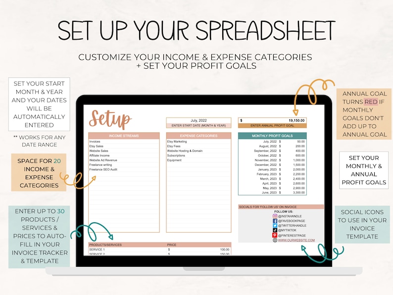 May include: A laptop screen displaying a spreadsheet template for setting up income and expense categories, profit goals, and monthly and annual goals. The spreadsheet includes sections for income streams, expense categories, and social media icons. The template is designed to help users track their finances and set financial goals.