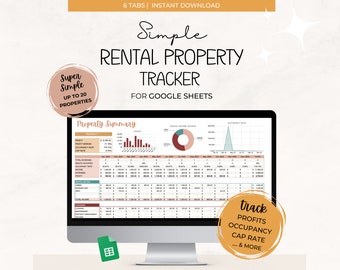 Può includere: Uno schermo di computer che mostra un foglio di calcolo di Google Sheets con un grafico colorato e tabelle di dati. Il foglio di calcolo è intitolato "Riepilogo proprietà" e fa parte di un "Tracker semplice per proprietà in affitto" per Google Sheets. Il testo "Traccia profitti, occupazione, tasso di capitalizzazione... e altro" è su un cerchio nell'angolo in basso a destra dell'immagine.