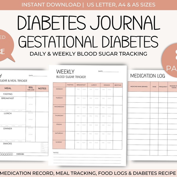 Gestational Diabetes Journal | Blood Sugar Tracker | Printable Blood Sugar Log | Glucose Tracker