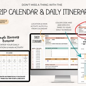 May include: A digital trip calendar and daily itinerary template for Google Sheets. The image shows a computer screen and a tablet displaying the calendar and itinerary. The text includes "Trip Calendar & Daily Itinerary" and "Simple Itinerary Overview".