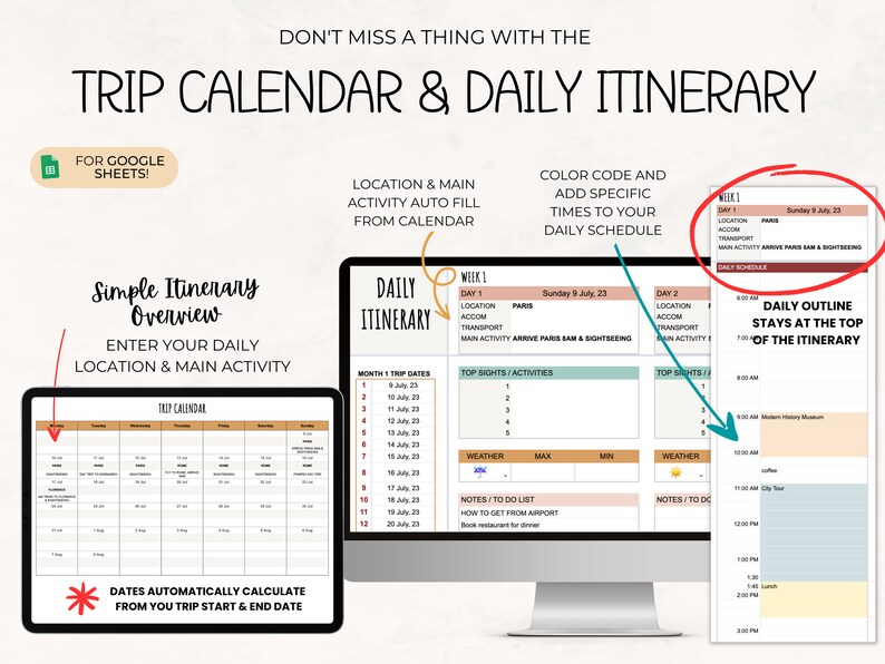 May include: A digital trip calendar and daily itinerary template for Google Sheets. The image shows a computer screen and a tablet displaying the calendar and itinerary. The text includes "Trip Calendar & Daily Itinerary" and "Simple Itinerary Overview".
