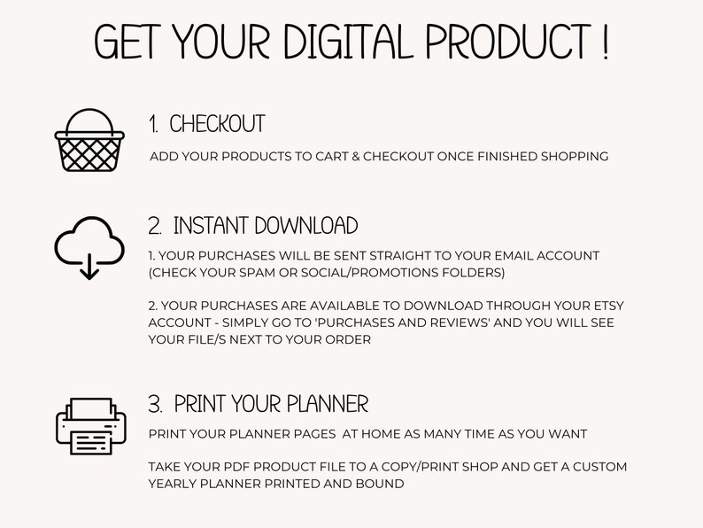 May include: A graphic illustration showing the steps to purchase and download a digital product. The steps include checkout, instant download, and printing the planner. The illustration includes icons of a shopping cart, a cloud with a download arrow, and a printer.