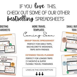 May include: An advertisement for spreadsheets, featuring text that reads "If you love this, check out some of our other bestselling spreadsheets." The image showcases budgeting, travel, and small business spreadsheet templates. Text includes "Coming Soon" and "Links in the description."