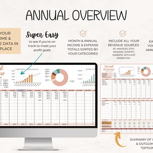 May include: A computer screen displaying a spreadsheet with a colorful chart and graphs. The spreadsheet is titled "Annual Overview" and includes columns for income and expenses. The chart shows a line graph of profit goals and a pie chart of income sources.