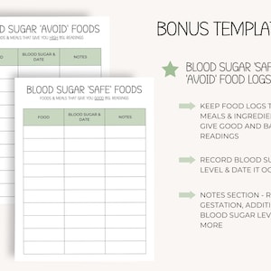 May include: Two printable blood sugar food logs. The top log is titled "Blood Sugar 'Avoid' Foods" and the bottom log is titled "Blood Sugar 'Safe' Foods". Both logs have columns for food, blood sugar & date, and notes.