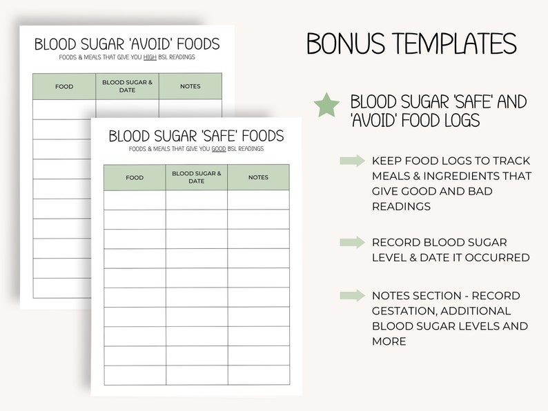May include: Two printable blood sugar food logs. The top log is titled "Blood Sugar 'Avoid' Foods" and the bottom log is titled "Blood Sugar 'Safe' Foods". Both logs have columns for food, blood sugar & date, and notes.