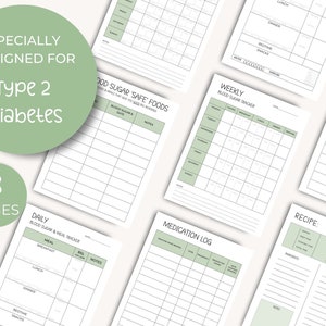 May include: Printable planner pages designed for people with type 2 diabetes. The pages include trackers for blood sugar levels, meals, medication, and recipes. There are 8 pages in total.