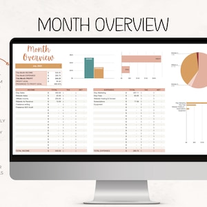 May include: A computer screen displaying a monthly budget overview spreadsheet with a title "Month Overview". The spreadsheet includes sections for income, expenses, profit goal, and progress to profit goal. The spreadsheet also includes charts and graphs to visualize the data. The spreadsheet is designed to help users track their monthly income and expenses.