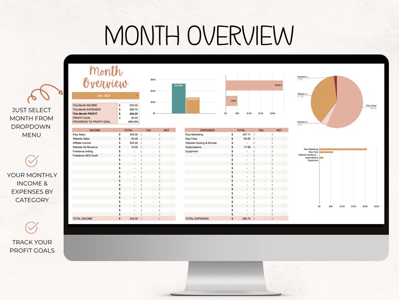 May include: A computer screen displaying a monthly budget overview spreadsheet with a title "Month Overview". The spreadsheet includes sections for income, expenses, profit goal, and progress to profit goal. The spreadsheet also includes charts and graphs to visualize the data. The spreadsheet is designed to help users track their monthly income and expenses.