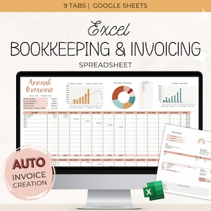 Excel Bookkeeping Invoice Template, Small Business Bookkeeping Spreadsheet, Invoice Tracker, Income, Expense, Profit and Loss, Accounting