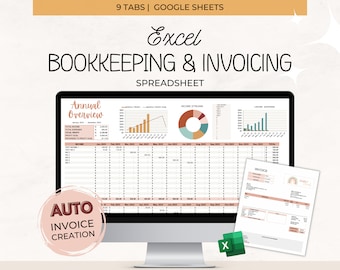 Excel Bookkeeping Invoice Template, Small Business Bookkeeping Spreadsheet, Invoice Tracker, Income, Expense, Profit and Loss, Accounting