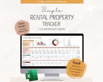 Può includere: Uno schermo di computer che mostra un foglio di calcolo con un grafico e grafici colorati. Il foglio di calcolo è intitolato "Riepilogo proprietà" e fa parte di un "Tracker semplice per proprietà in affitto" per Microsoft Excel. Il testo "Traccia profitti, occupazione, tasso di capitalizzazione... e altro" è su un cerchio con sfondo marrone.