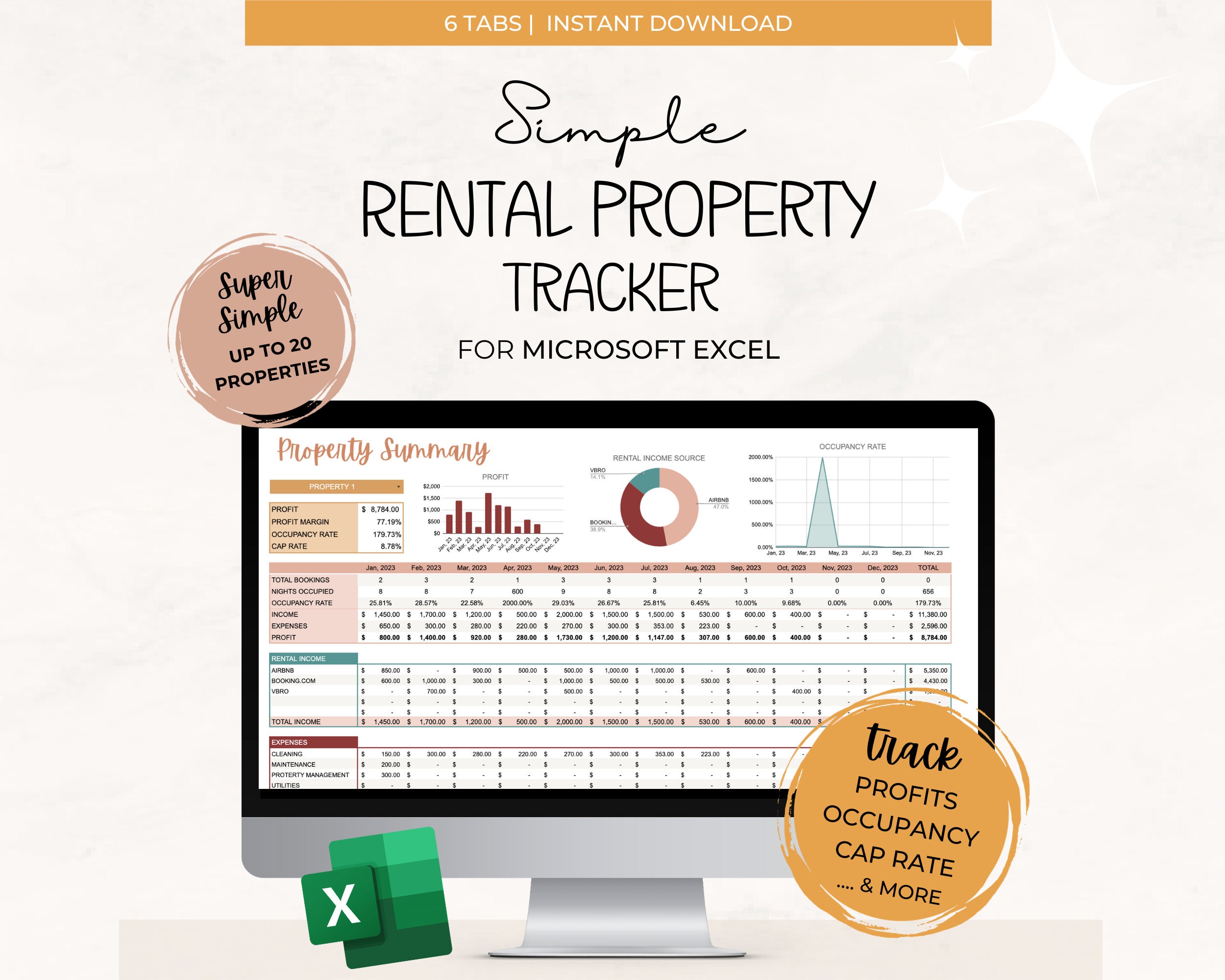 Excel Vacation Property Spreadsheet, Small Business Spreadsheet, Airbnb