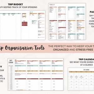 May include: A collection of printable travel planning templates, including a trip budget, packing list, daily itinerary, and trip calendar. The templates are designed to help organize trips and simplify spending tracking. The text on the image says "Trip Organization Tools".