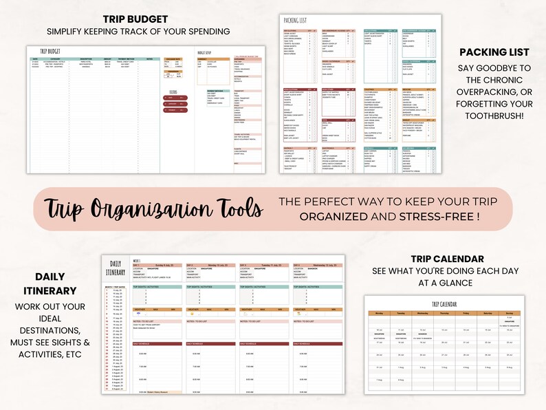 May include: A collection of printable travel planning templates, including a trip budget, packing list, daily itinerary, and trip calendar. The templates are designed to help organize trips and simplify spending tracking. The text on the image says "Trip Organization Tools".