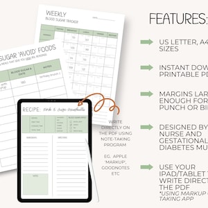 May include: Printable blood sugar tracker and recipe template in US Letter, A4, and A5 sizes. The tracker includes a weekly log for recording blood sugar levels and a section for avoiding foods that spike blood sugar. The recipe template includes sections for servings, ingredients, directions, and blood sugar impact.
