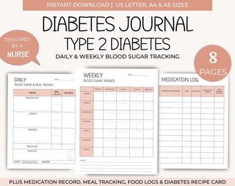 Blood Sugar Tracker | Type 2 diabetes Journal | Printable Blood Sugar Log Book | Diabetes Planner | Diabetic Log Book