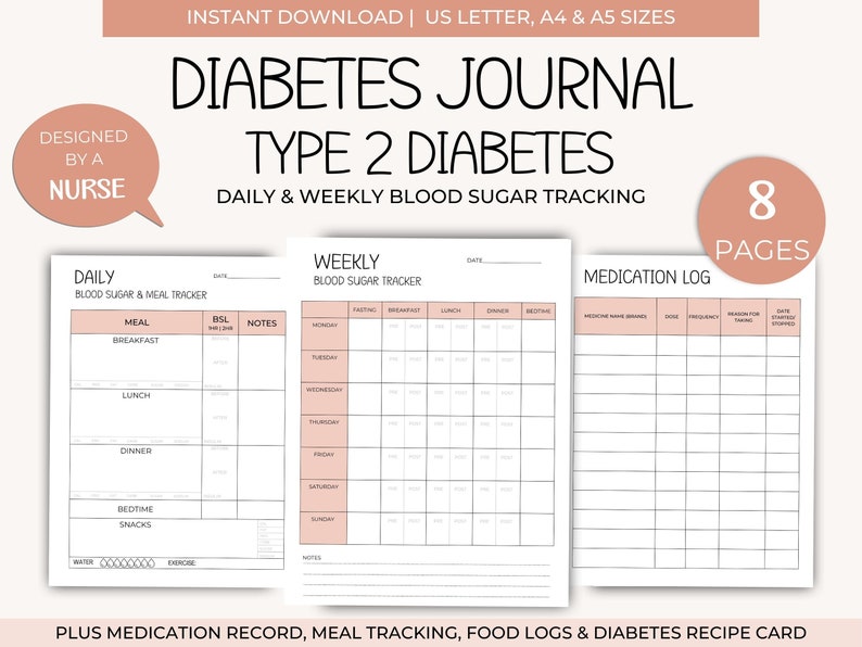 Blood Sugar Tracker | Type 2 Diabetes Journal | Printable Blood Sugar ...