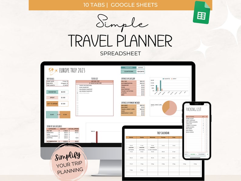 May include: A digital travel planner spreadsheet displayed on a computer monitor, tablet, and smartphone. The spreadsheet includes sections for budgeting, to-do lists, and a packing list. The text "Simple Travel Planner Spreadsheet" is displayed in a handwritten font.