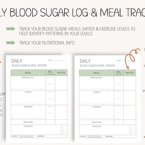 May include: A printable daily blood sugar and meal tracker with space for notes, sleep, and habits. The tracker includes sections for breakfast, lunch, dinner, bedtime snacks, water intake, and exercise. It also includes a section for blood sugar levels before and after meals.