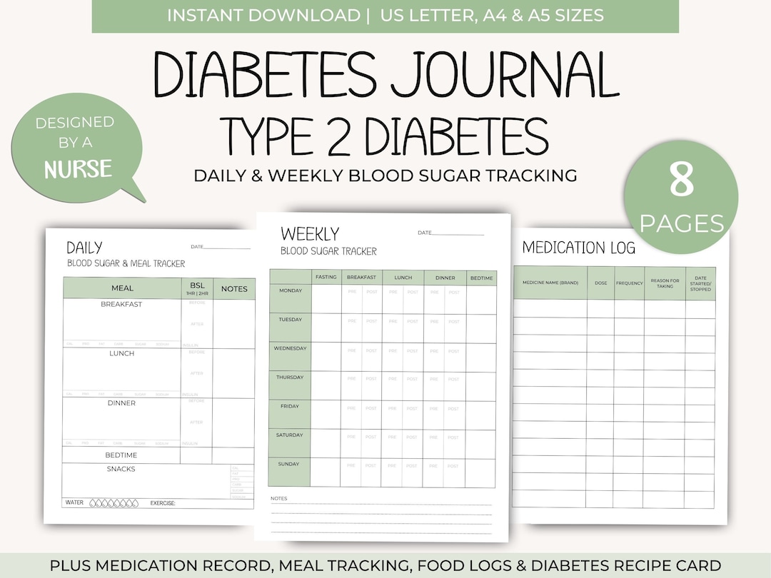 Blood Sugar Tracker | Type 2 Diabetes Journal | Printable Blood Sugar ...