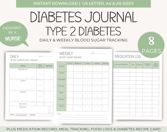 Blood Sugar Tracker | Type 2 diabetes Journal | Printable Blood Sugar Log Book | Diabetes Planner | Diabetic Log Book