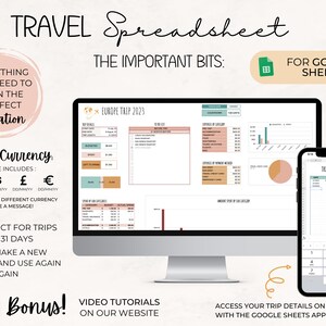 May include: A digital travel spreadsheet for Google Sheets, displayed on a computer monitor and a smartphone. The spreadsheet includes sections for trip details, expenses, and a trip budget. The image also includes text that says "Everything you need to plan the perfect vacation."