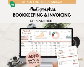May include: A computer screen displaying a spreadsheet with a graph and a pie chart. The spreadsheet is titled "Annual Overview" and has tabs for "Income", "Expenses", and "Invoices". The spreadsheet is designed for photographers and includes an "Auto Invoice Creation" feature. The screen is on a wooden table with a camera in the foreground.