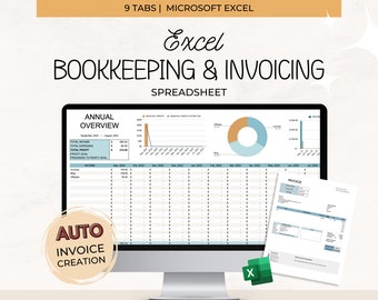 Excel Bookkeeping and Invoice Spreadsheet, Small Business Bookkeeping Spreadsheet, Blue Business Expense Tracker and Invoice Template