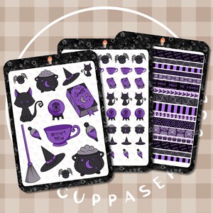 Halloween stickers, witch, spooky sticker sheet, trick or treat, spells, purple, washi